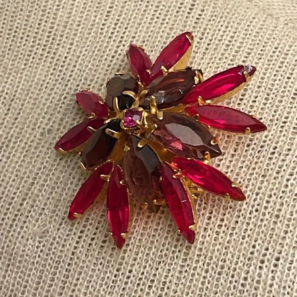 Vintage Floral Rhinestone Pin Red, Purple and Pin